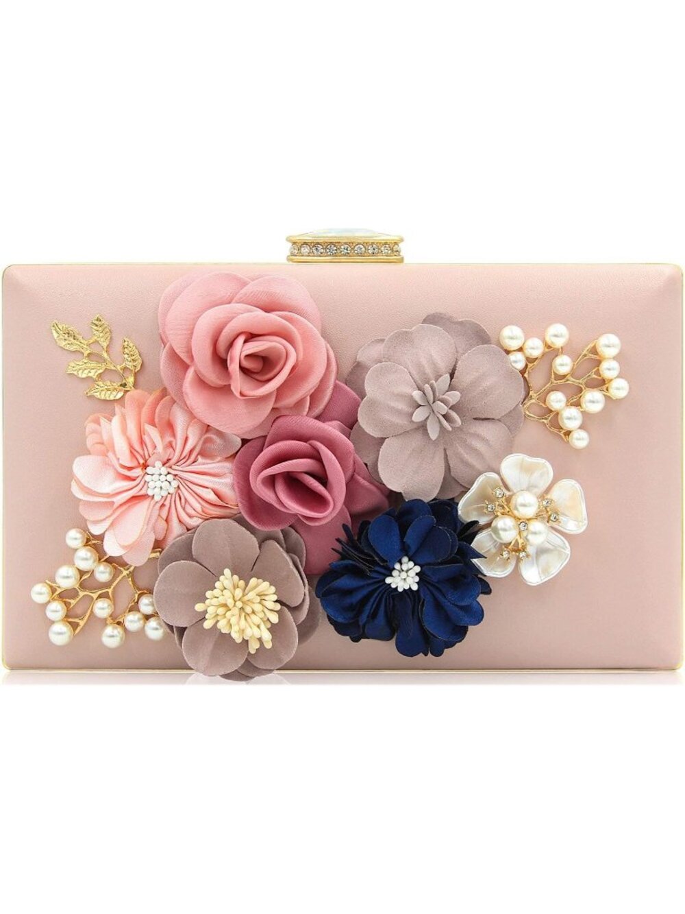 Women's Light Pink Floral Clutch Purse Wedding Rhinestone Prom Party Evening Bag